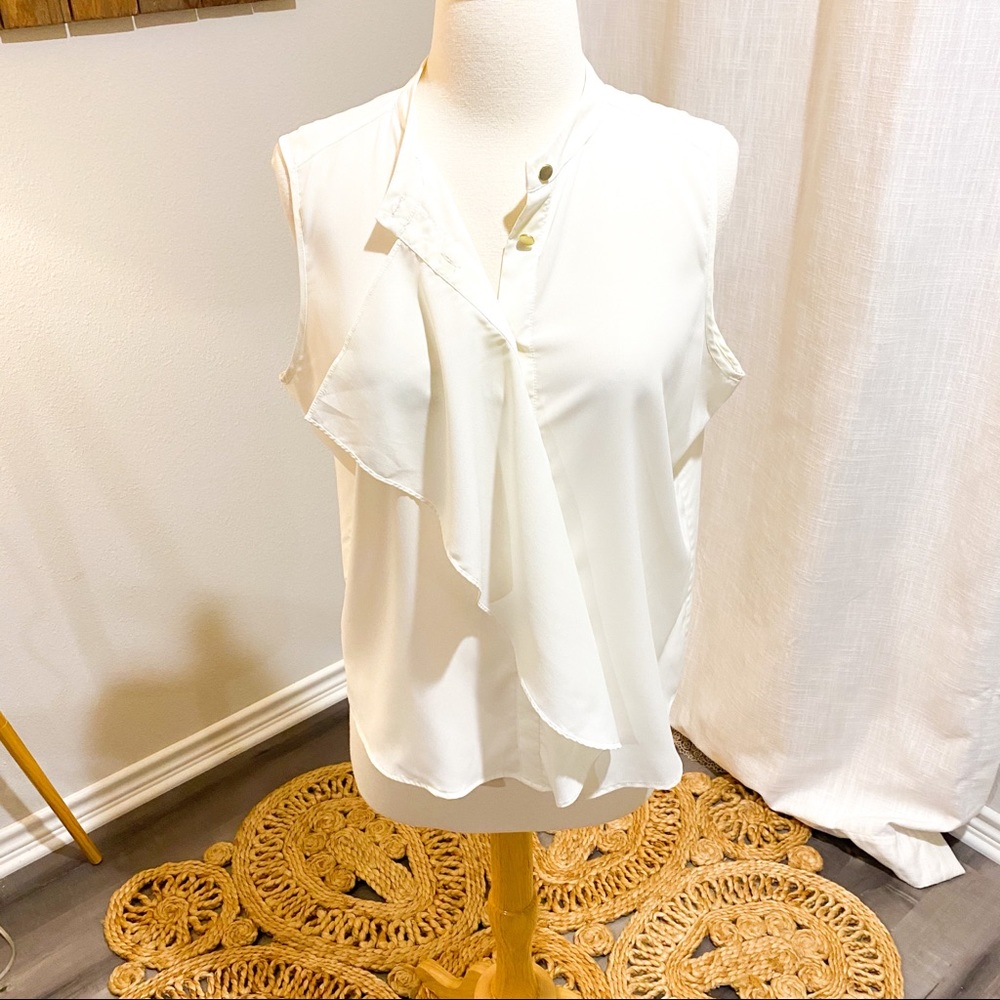 Calvin Klein White Waterfall Blouse Gold Buttons
